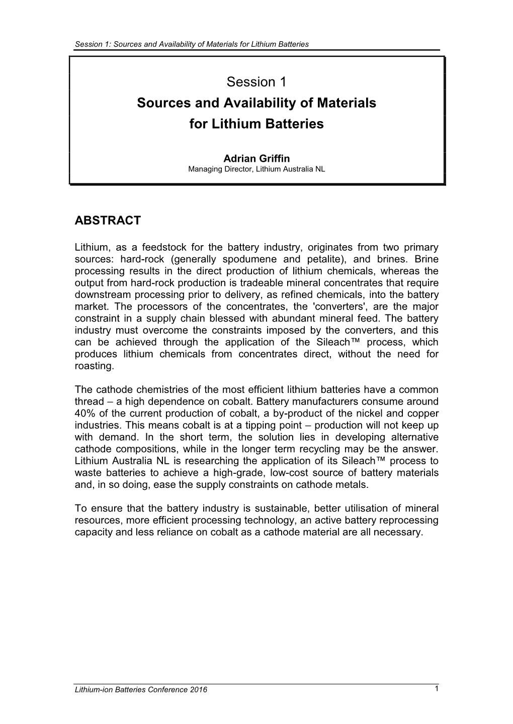 Session 1 Sources and Availability of Materials for Lithium Batteries