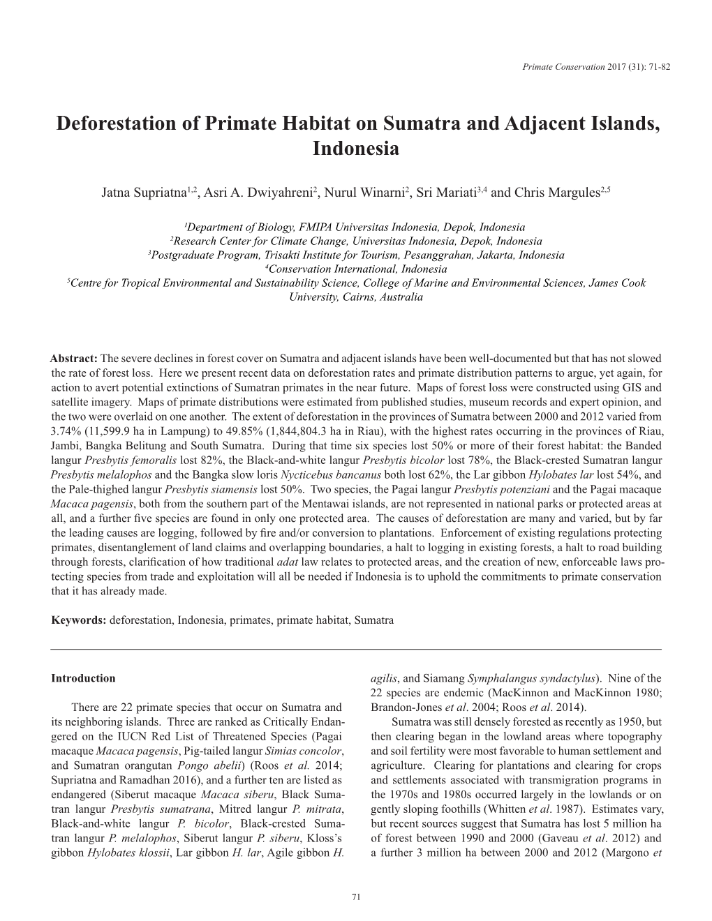 Deforestation of Primate Habitat on Sumatra and Adjacent Islands, Indonesia