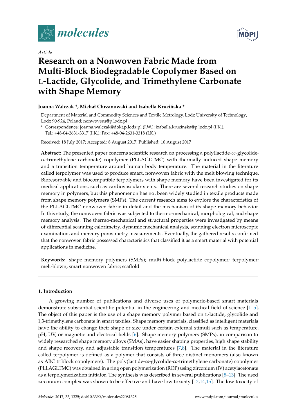 Research on a Nonwoven Fabric Made from Multi-Block Biodegradable Copolymer Based on L-Lactide, Glycolide, and Trimethylene Carbonate with Shape Memory