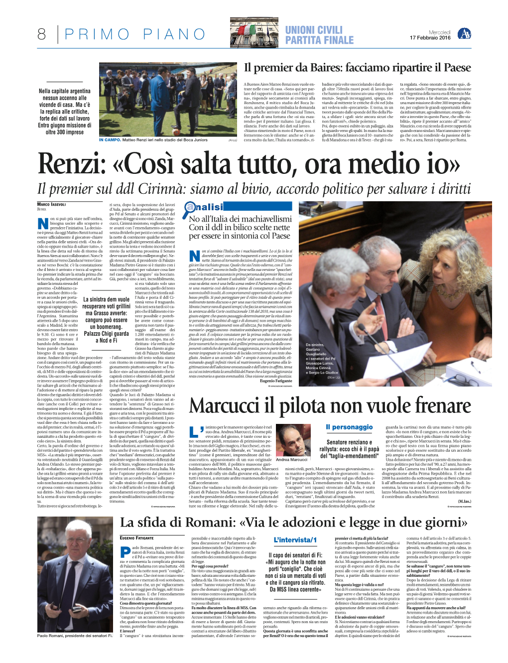 Renzi: «Così Salta Tutto, Ora Medio Io» Il Premier Sul Ddl Cirinnà: Siamo Al Bivio, Accordo Politico Per Salvare I Diritti