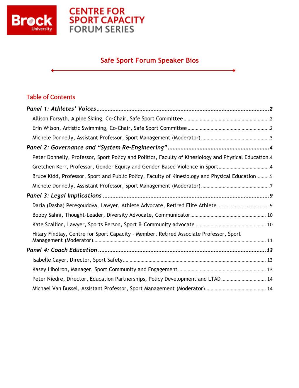 Safe Sport Forum Speaker Bios Table of Contents