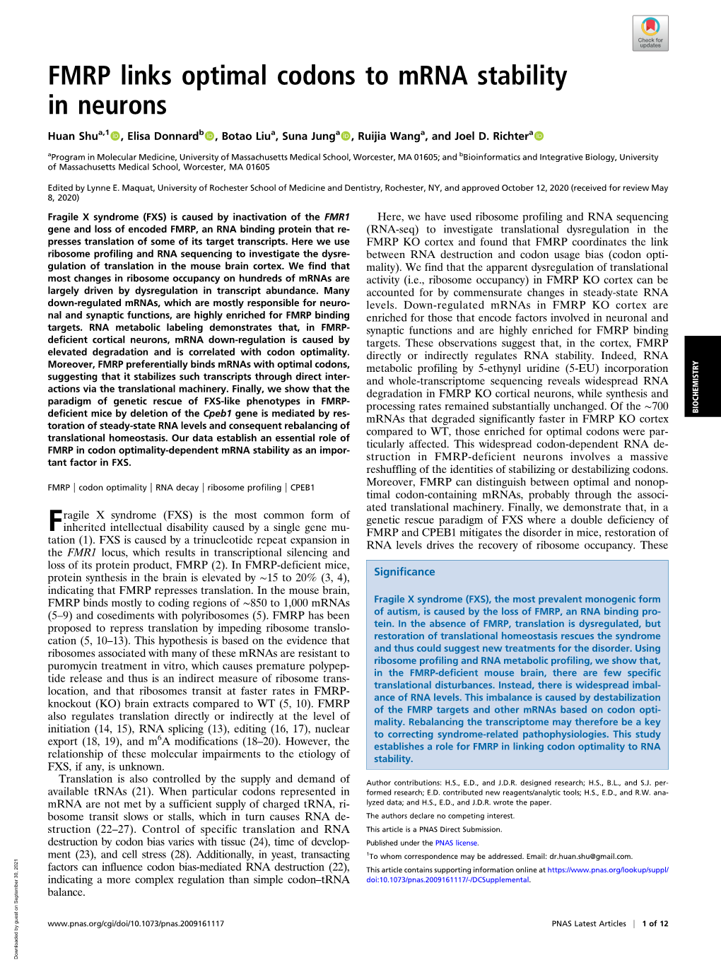 FMRP Links Optimal Codons to Mrna Stability in Neurons