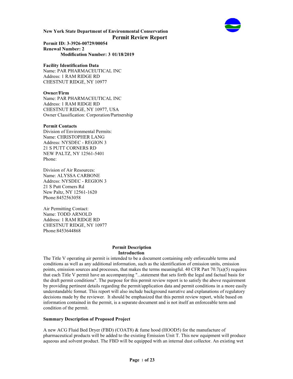 Permit Review Report Permit ID: 3-3926-00729/00054 Renewal Number: 2 Modification Number: 3 01/18/2019