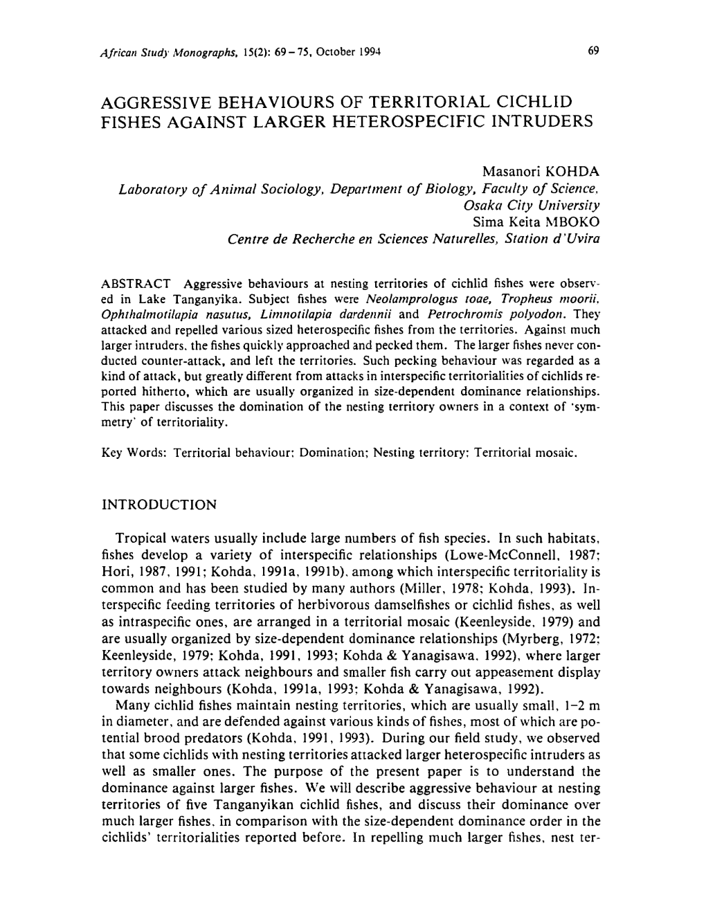 Aggressive Behaviours of Territorial Cichlid Fishes Against Larger Heterospecific Intruders