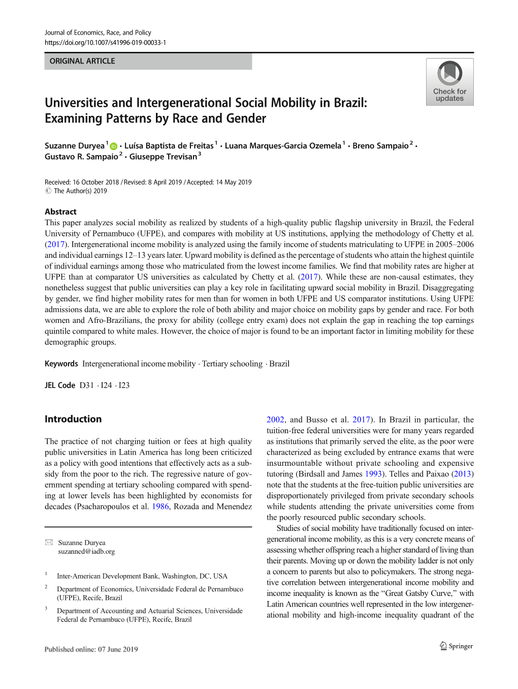 Universities and Intergenerational Social Mobility in Brazil: Examining Patterns by Race and Gender