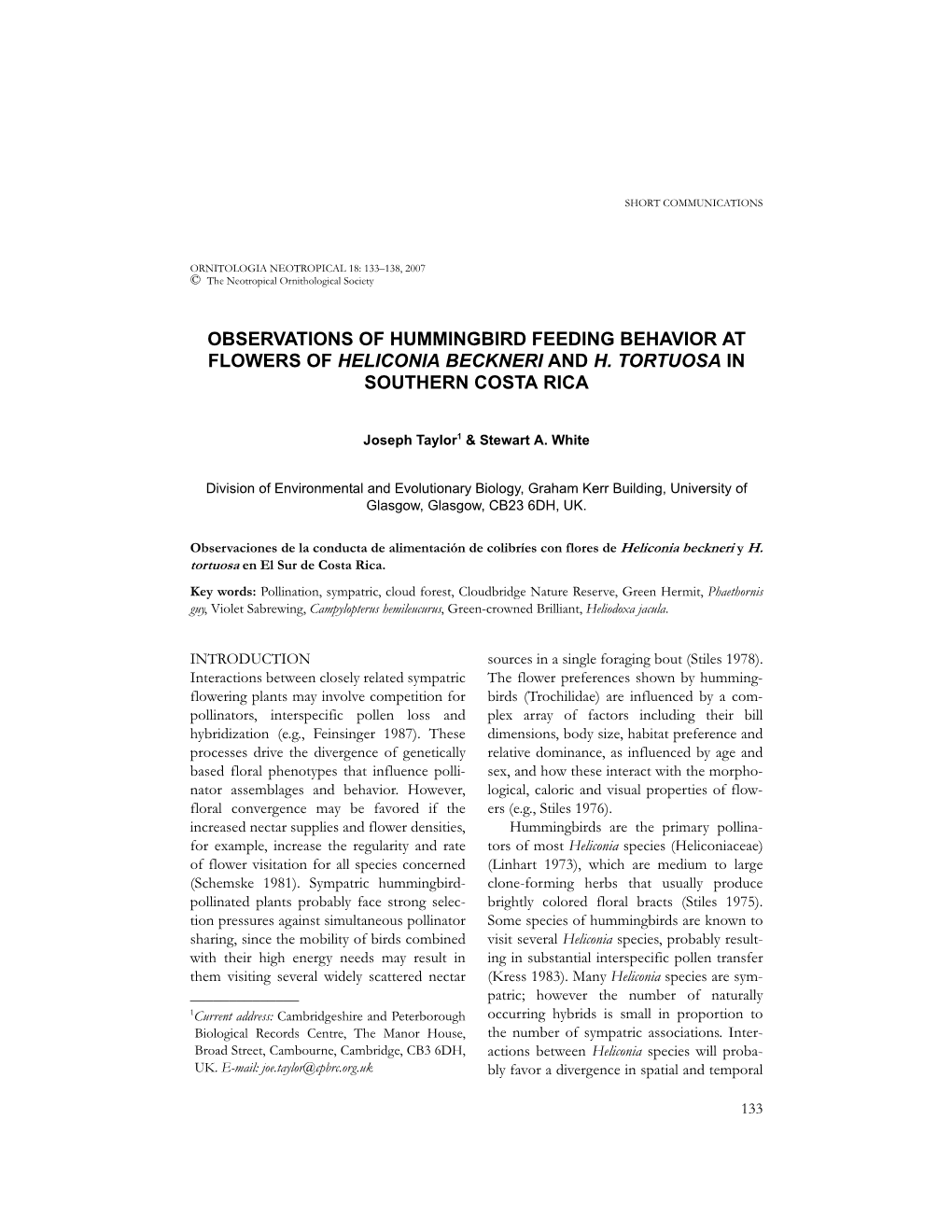 Observations of Hummingbird Feeding Behavior at Flowers of Heliconia Beckneri and H