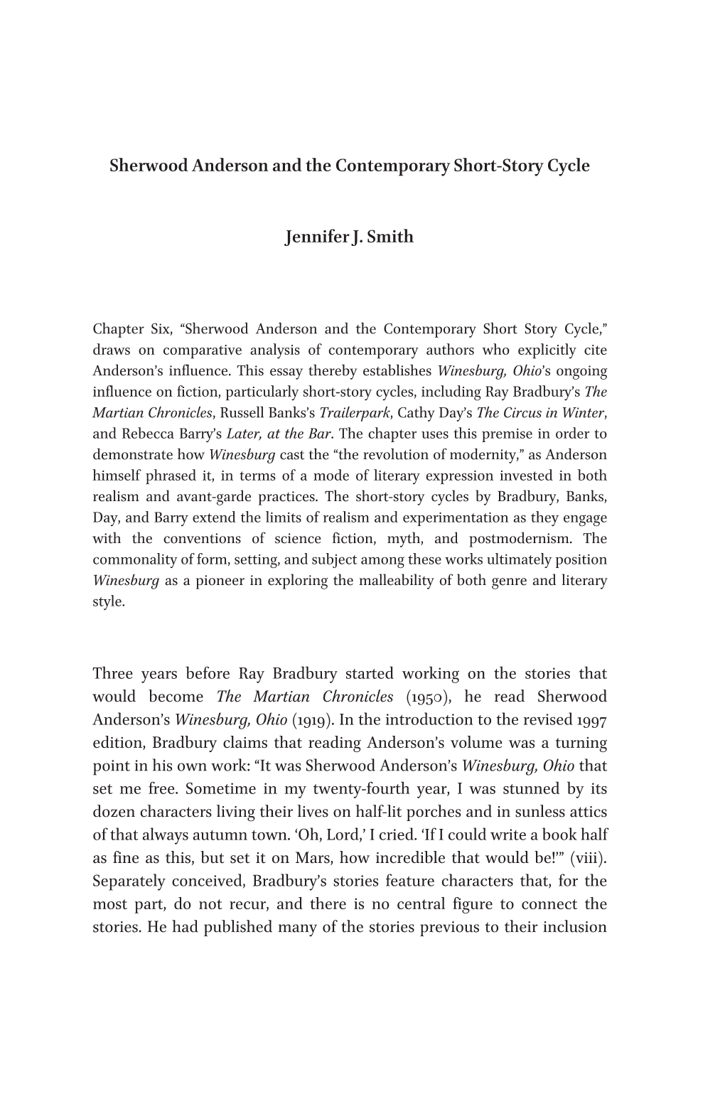 Sherwood Anderson and the Contemporary Short-Story Cycle Jennifer J. Smith