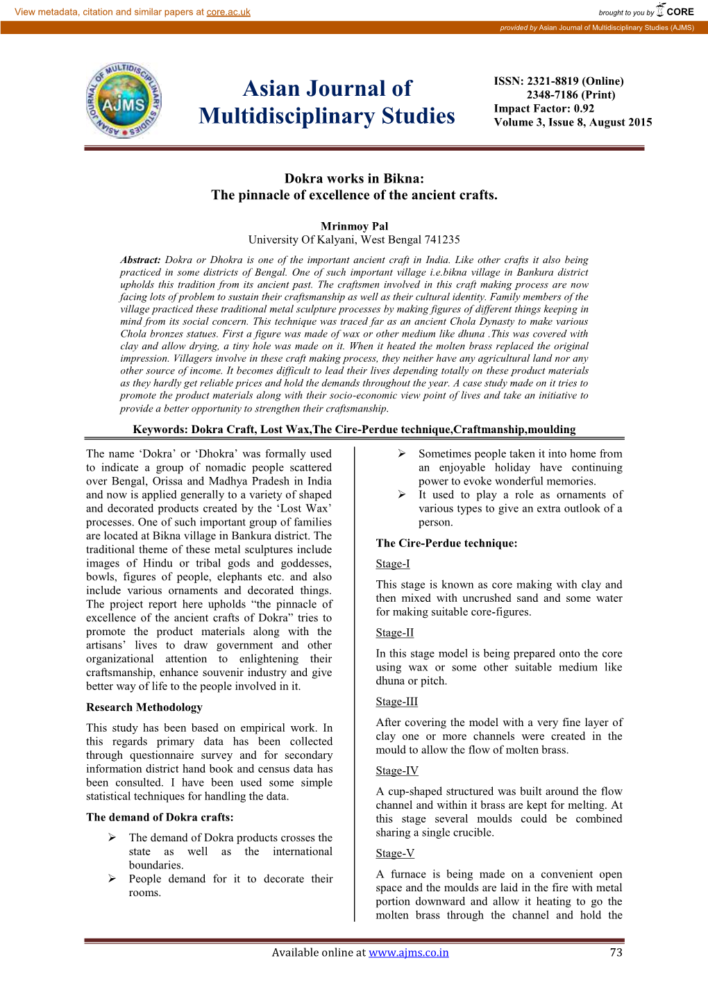 Asian Journal of Multidisciplinary Studies (AJMS)