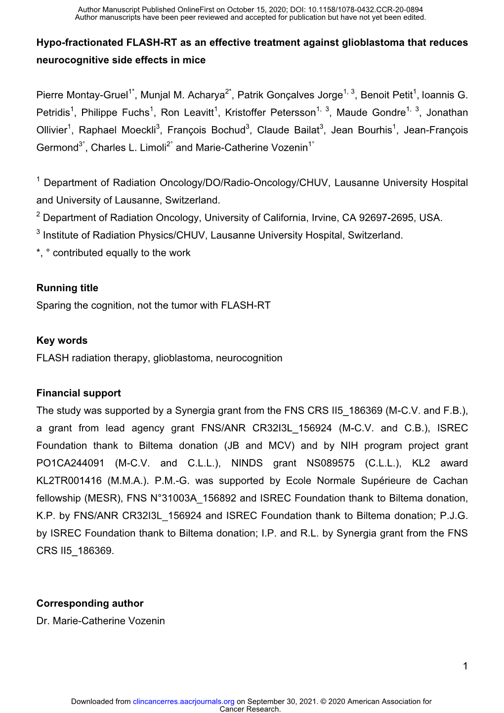 Hypo-Fractionated FLASH-RT As an Effective Treatment Against Glioblastoma That Reduces Neurocognitive Side Effects in Mice