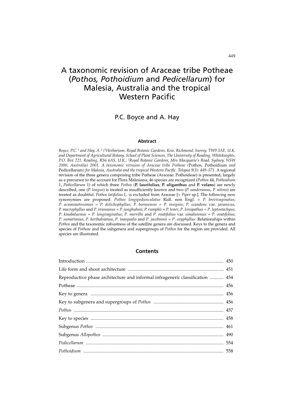 A Taxonomic Revision of Araceae Tribe Potheae (Pothos, Pothoidium and Pedicellarum) for Malesia, Australia and the Tropical Western Paciﬁc