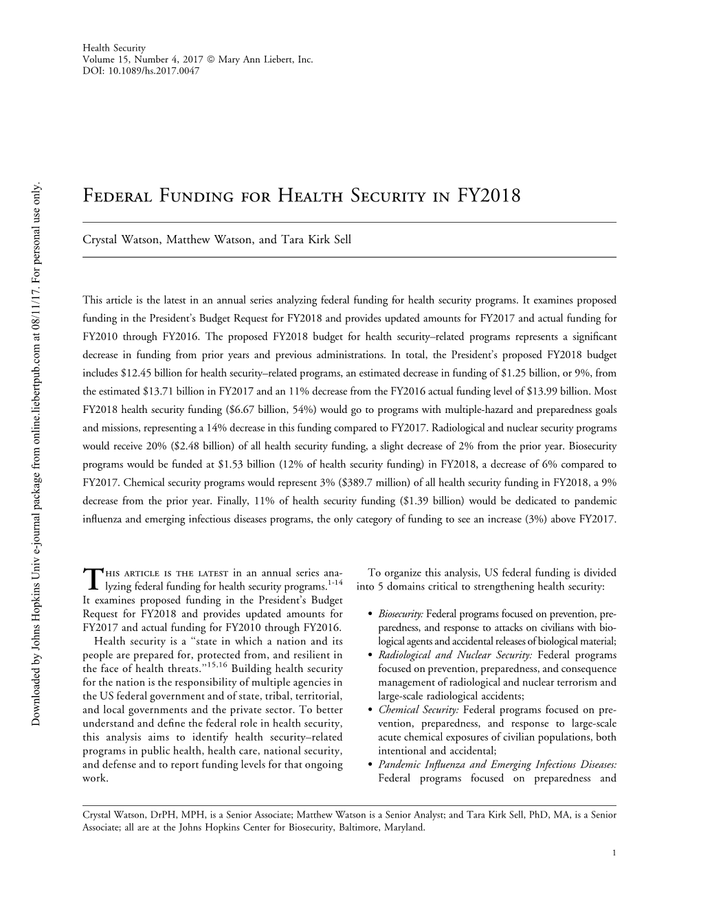 Federal Funding for Health Security in FY2018