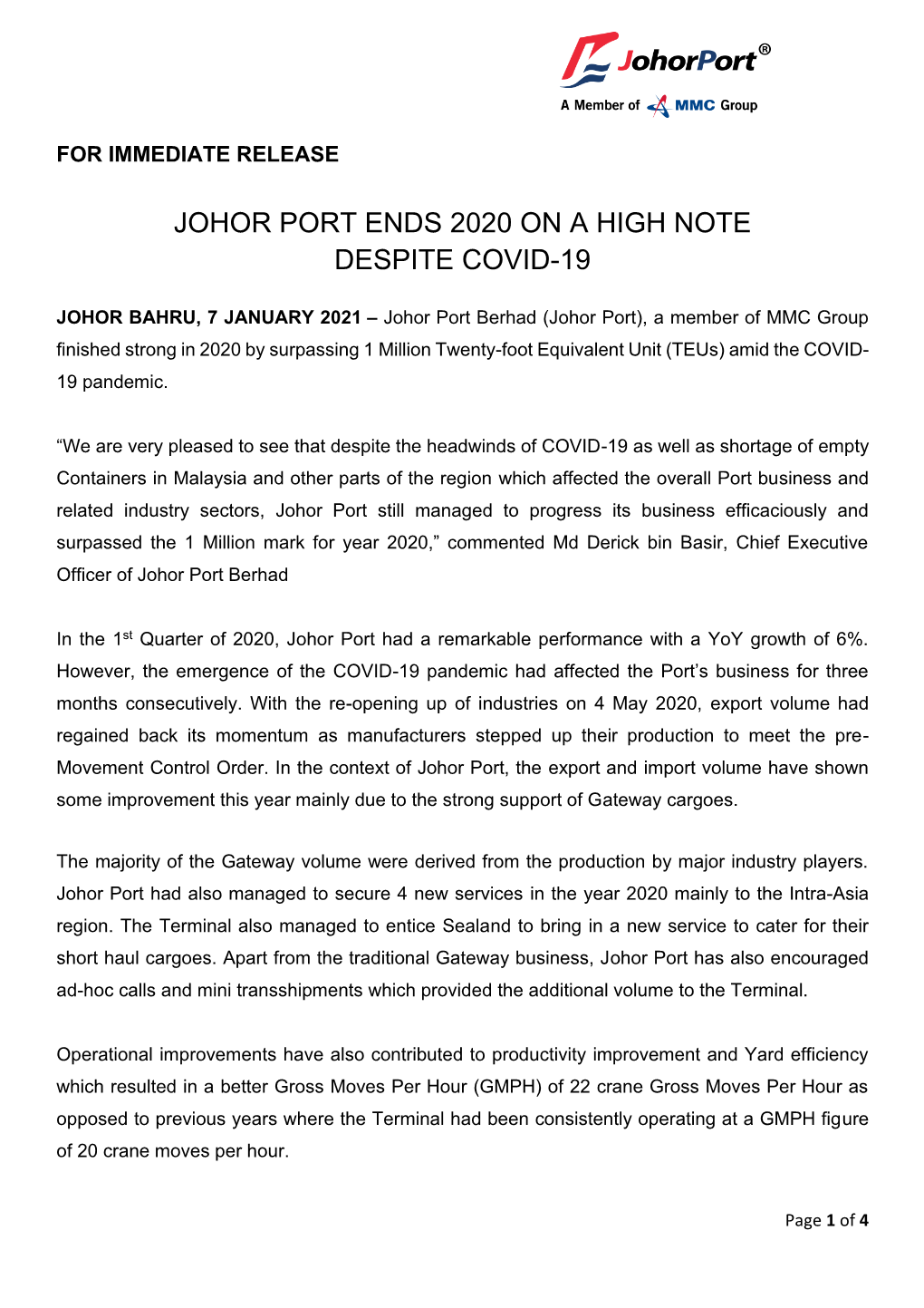 Johor Port Ends 2020 on a High Note Despite Covid-19