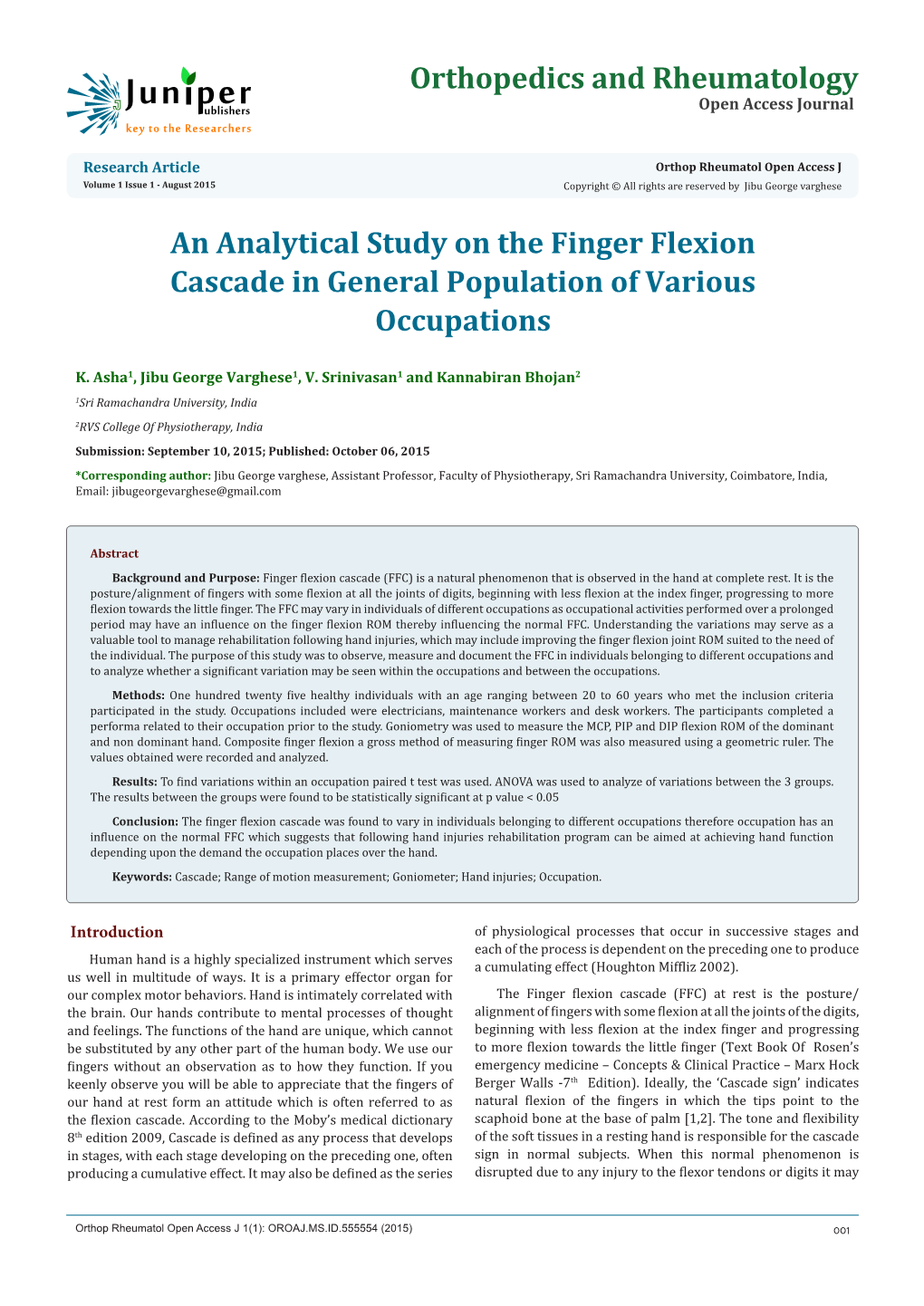 An Analytical Study on the Finger Flexion Cascade in General Population of Various Occupations