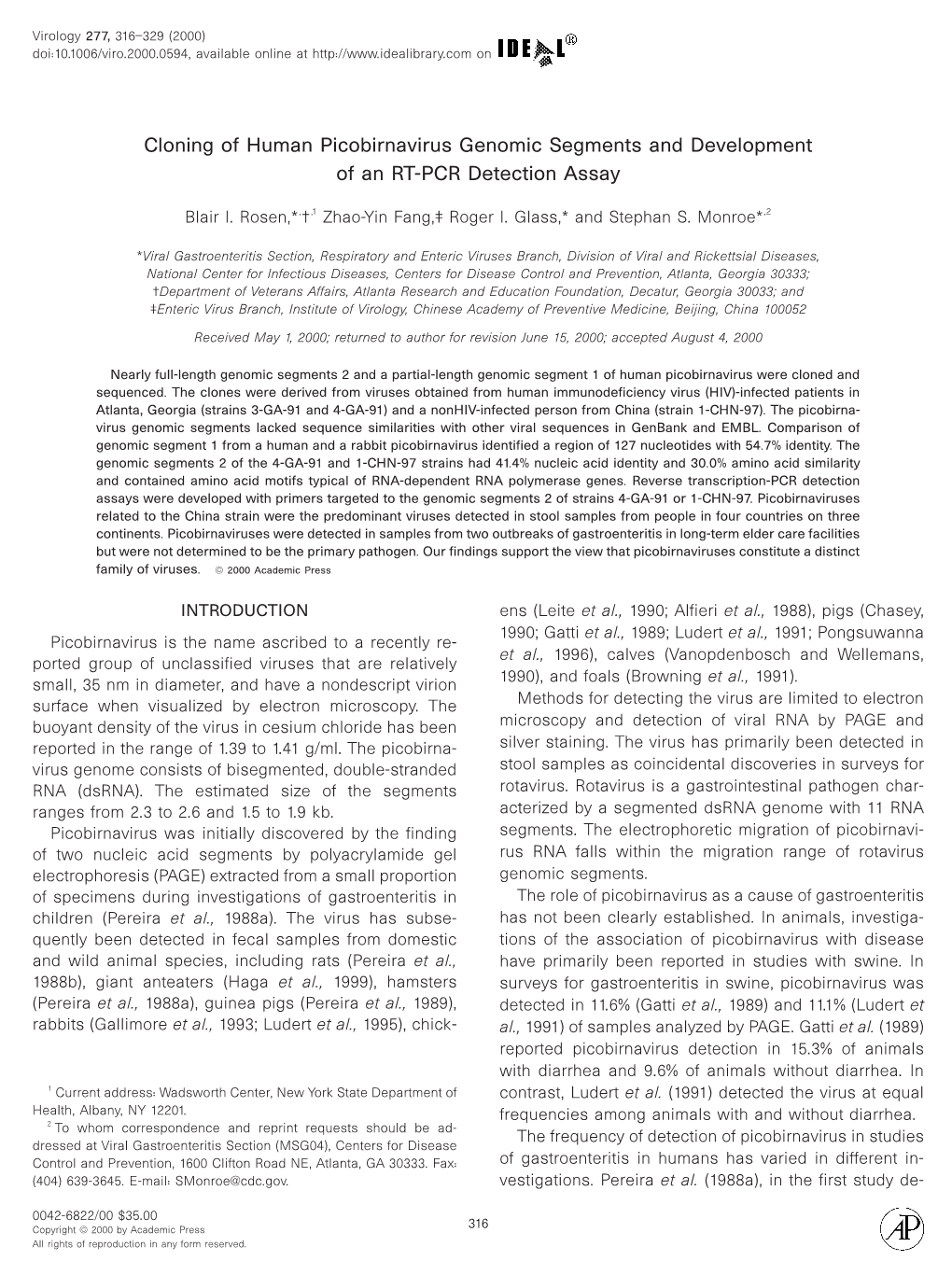 Cloning of Human Picobirnavirus Genomic Segments and Development of an RT-PCR Detection Assay