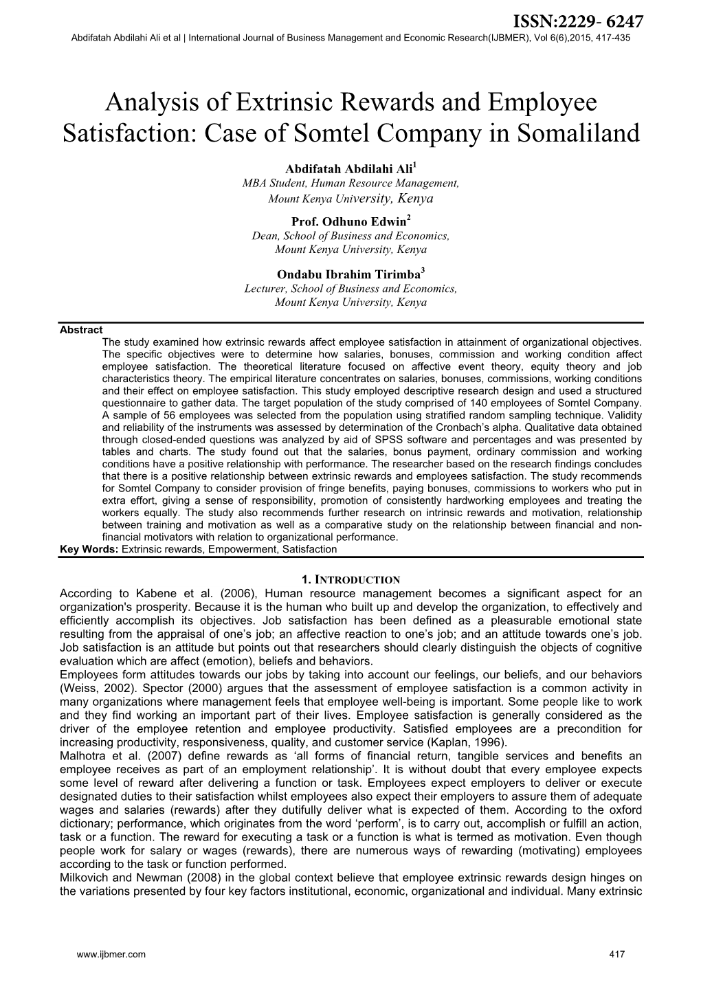 Analysis of Extrinsic Rewards and Employee Satisfaction: Case of Somtel Company in Somaliland