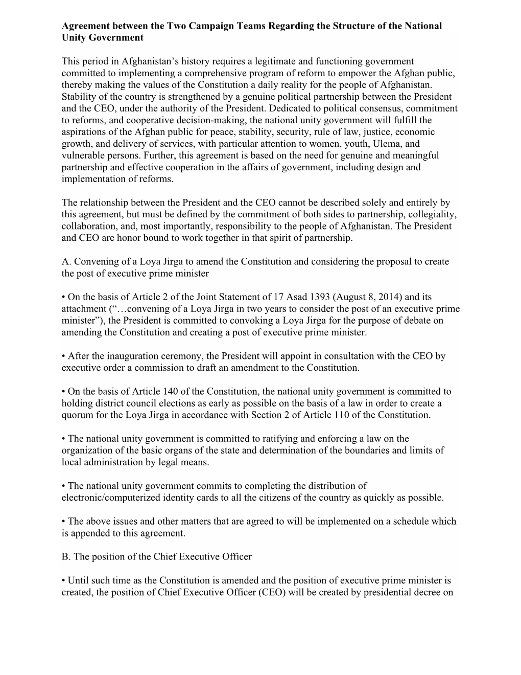 Agreement Between the Two Campaign Teams Regarding the Structure of the National Unity Government This Period in Afghanistan's