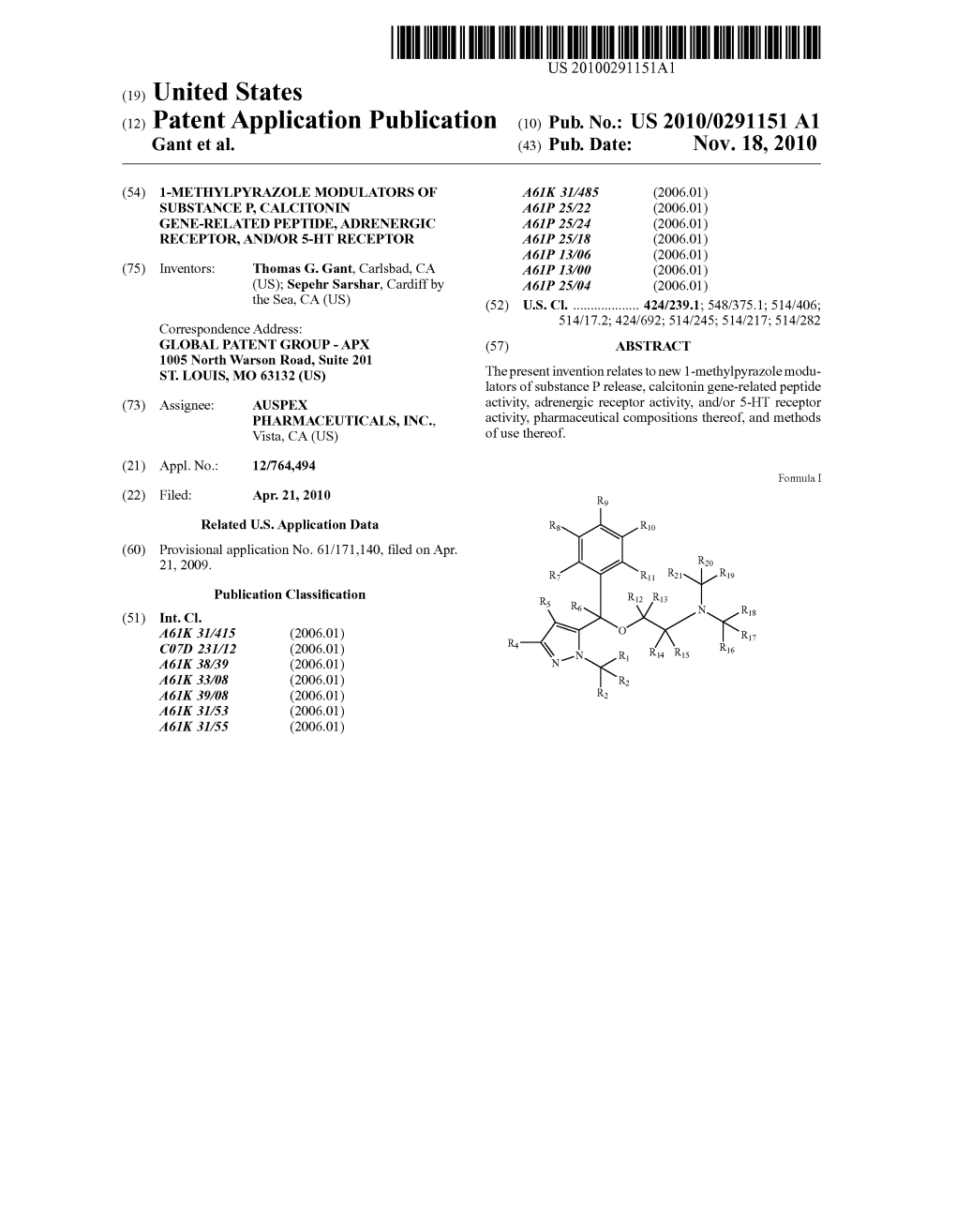 (12) Patent Application Publication (10) Pub. No.: US 2010/0291151 A1 Gant Et Al