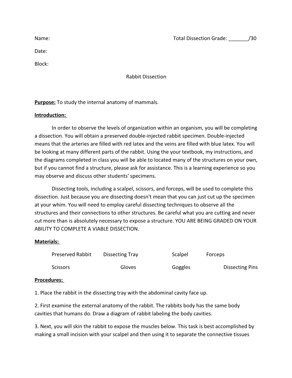 Name: Total Dissection Grade: ______/30