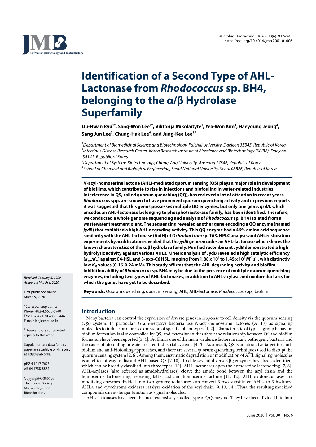 Identification of a Second Type of AHL- Lactonase from Rhodococcus Sp