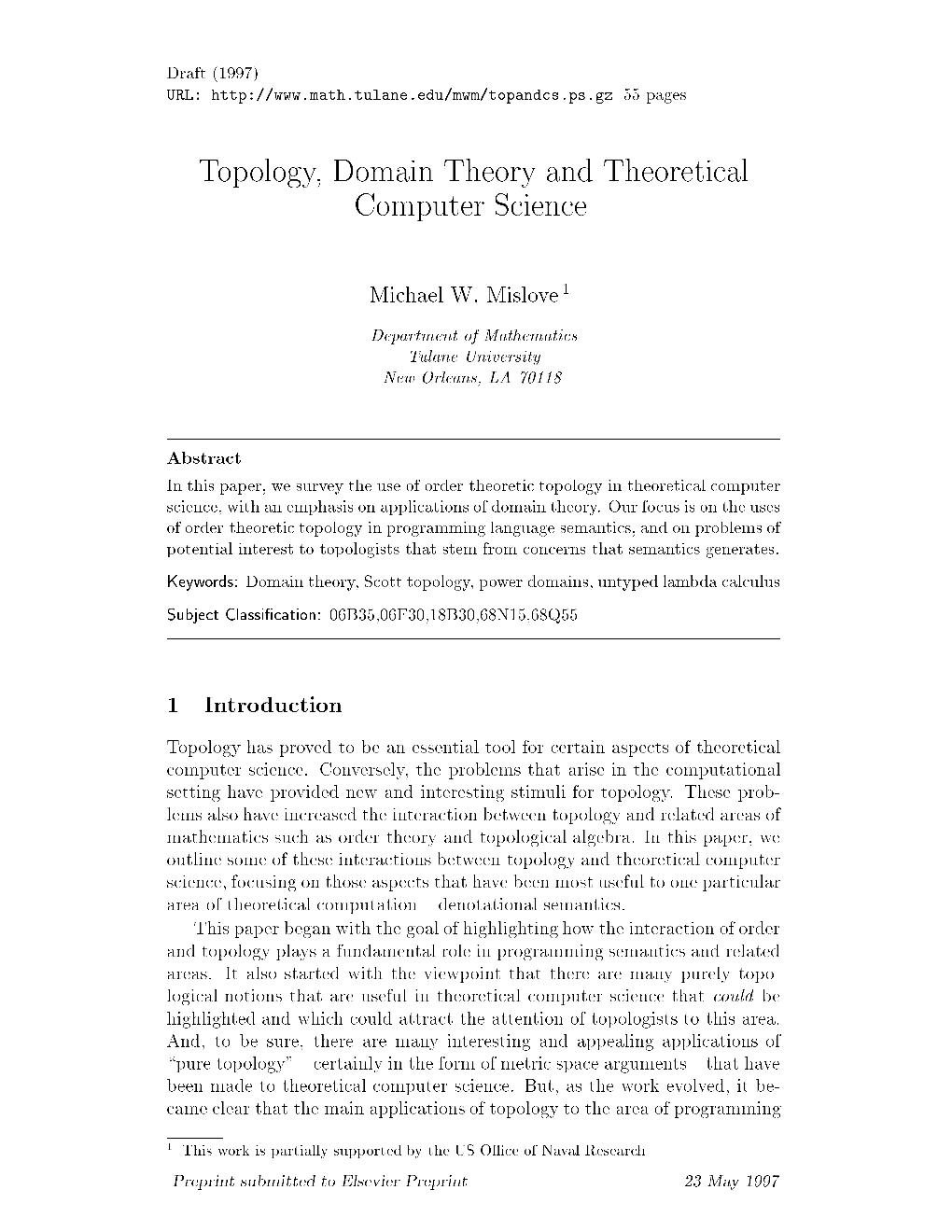 Topology, Domain Theory and Theoretical Computer Science