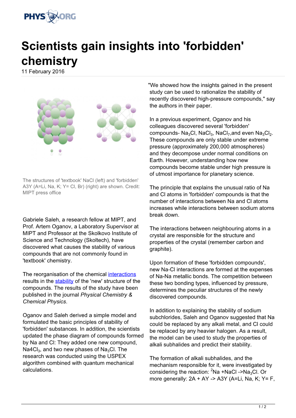 'Forbidden' Chemistry 11 February 2016