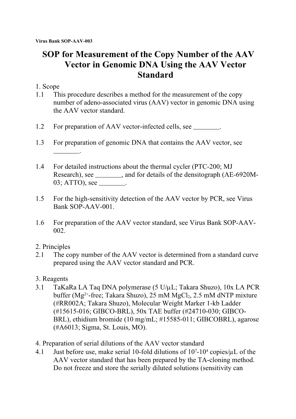 SOP For Measurement Of Copy Number Of AAV Vector In Genomic DNA Using AAV Vector Standard