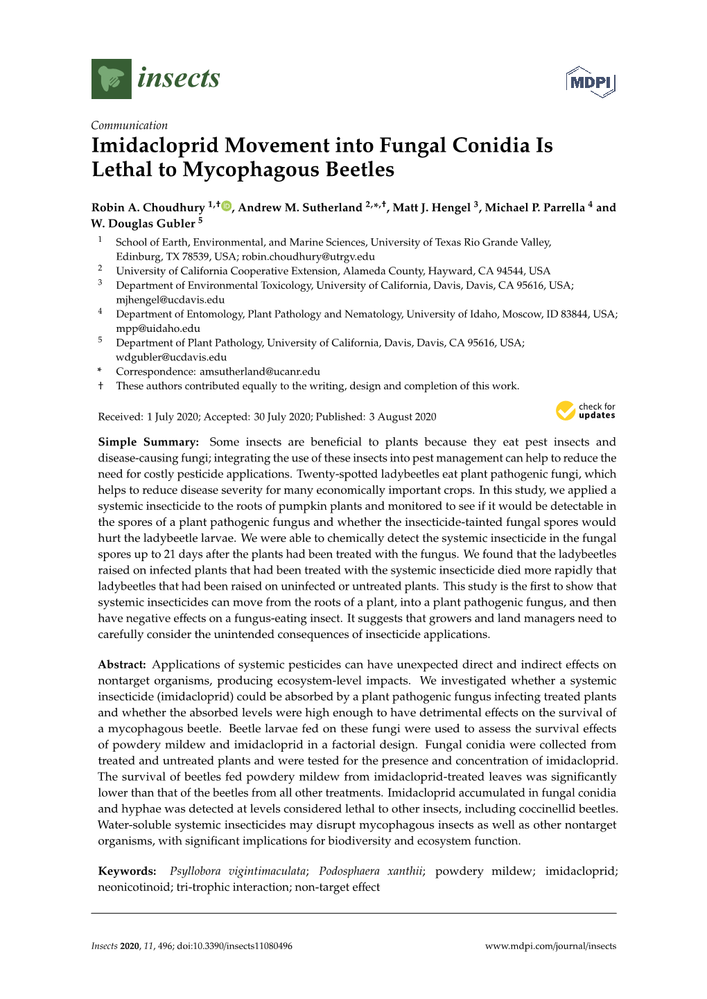 Imidacloprid Movement Into Fungal Conidia Is Lethal to Mycophagous Beetles