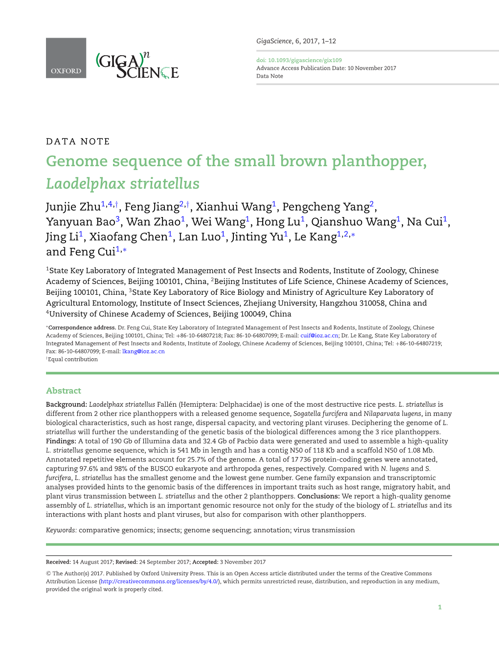 Genome Sequence of the Small Brown Planthopper, Laodelphax Striatellus