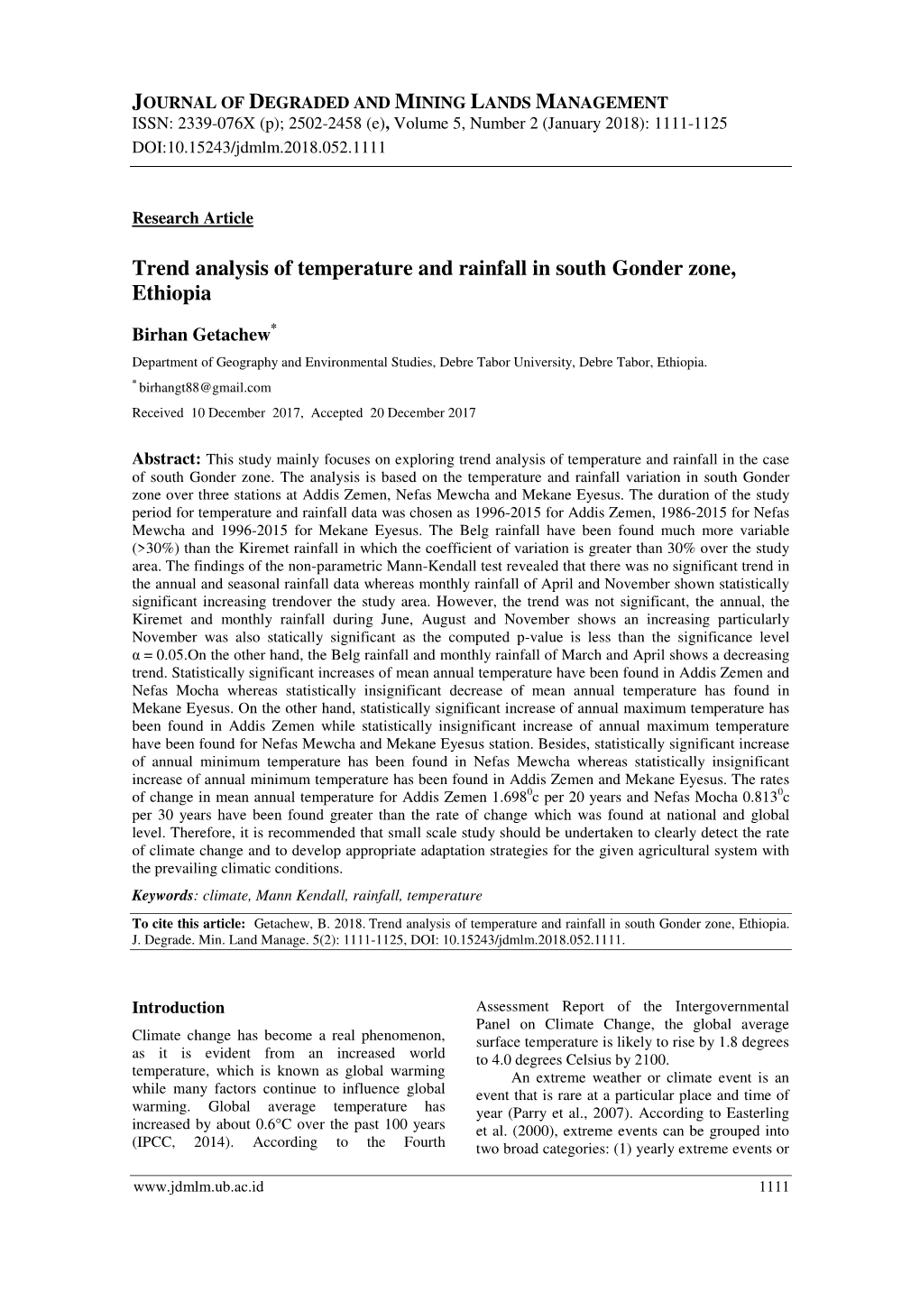 Trend Analysis of Temperature and Rainfall in South Gonder Zone, Ethiopia