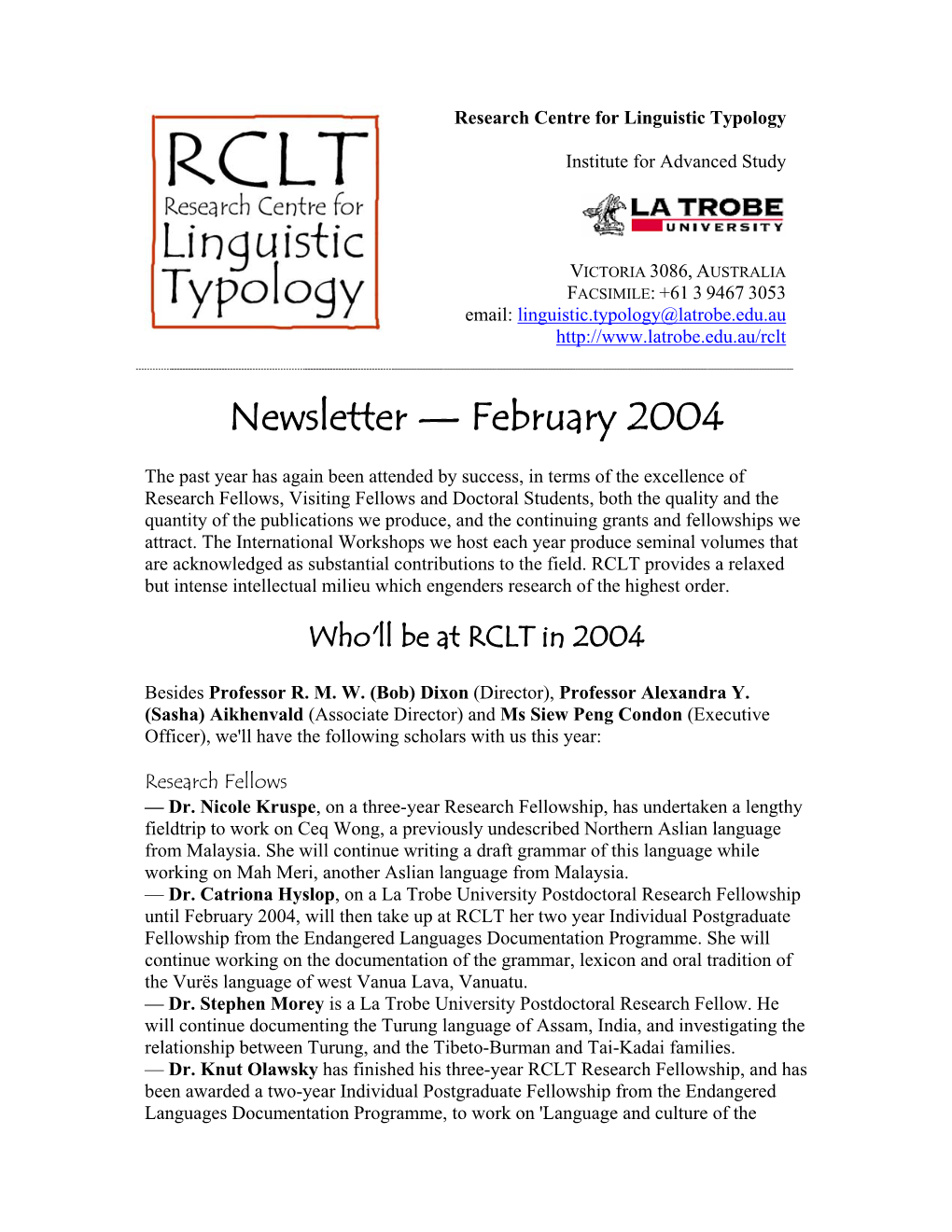 Newsletter — February 2004