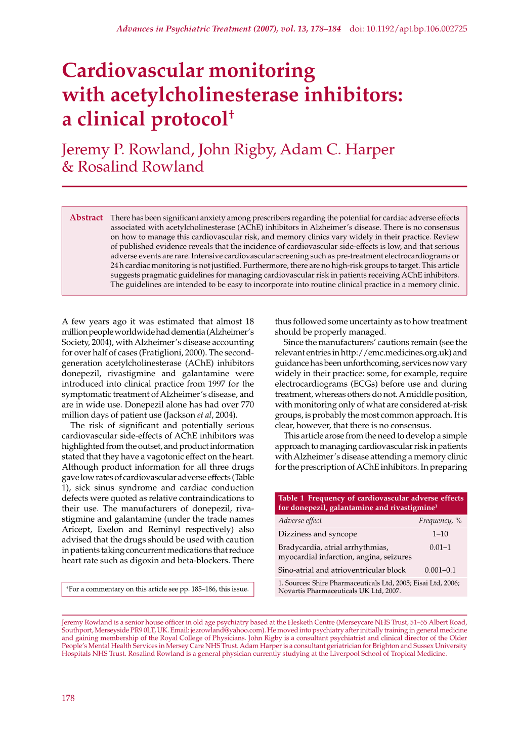 Cardiovascular Monitoring with Acetylcholinesterase Inhibitors: a Clinical Protocol† Jeremy P