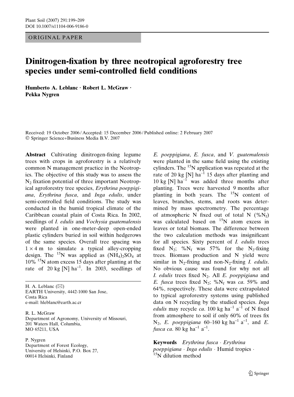 Dinitrogen-Fixation by Three Neotropical Agroforestry Tree Species Under Semi-Controlled Field Conditions