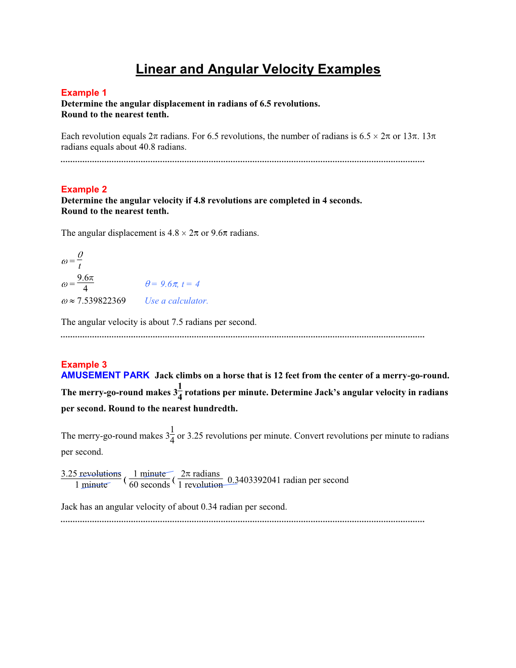 Linear and Angular Velocity Examples