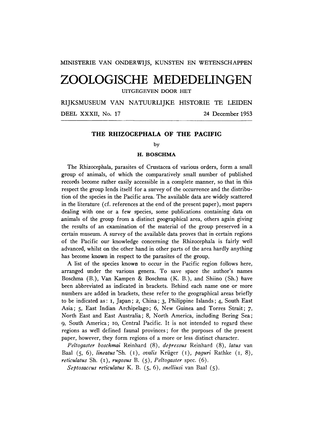 Zoologische Mededelingen Uitgegeven Door Het