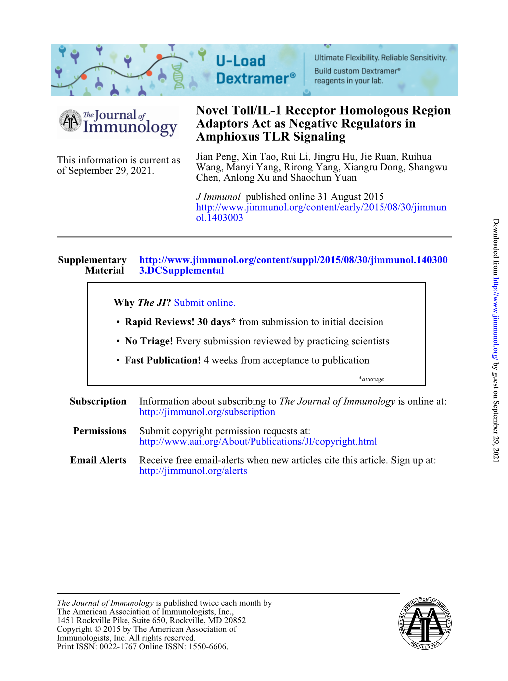 Amphioxus TLR Signaling Adaptors Act As Negative Regulators In