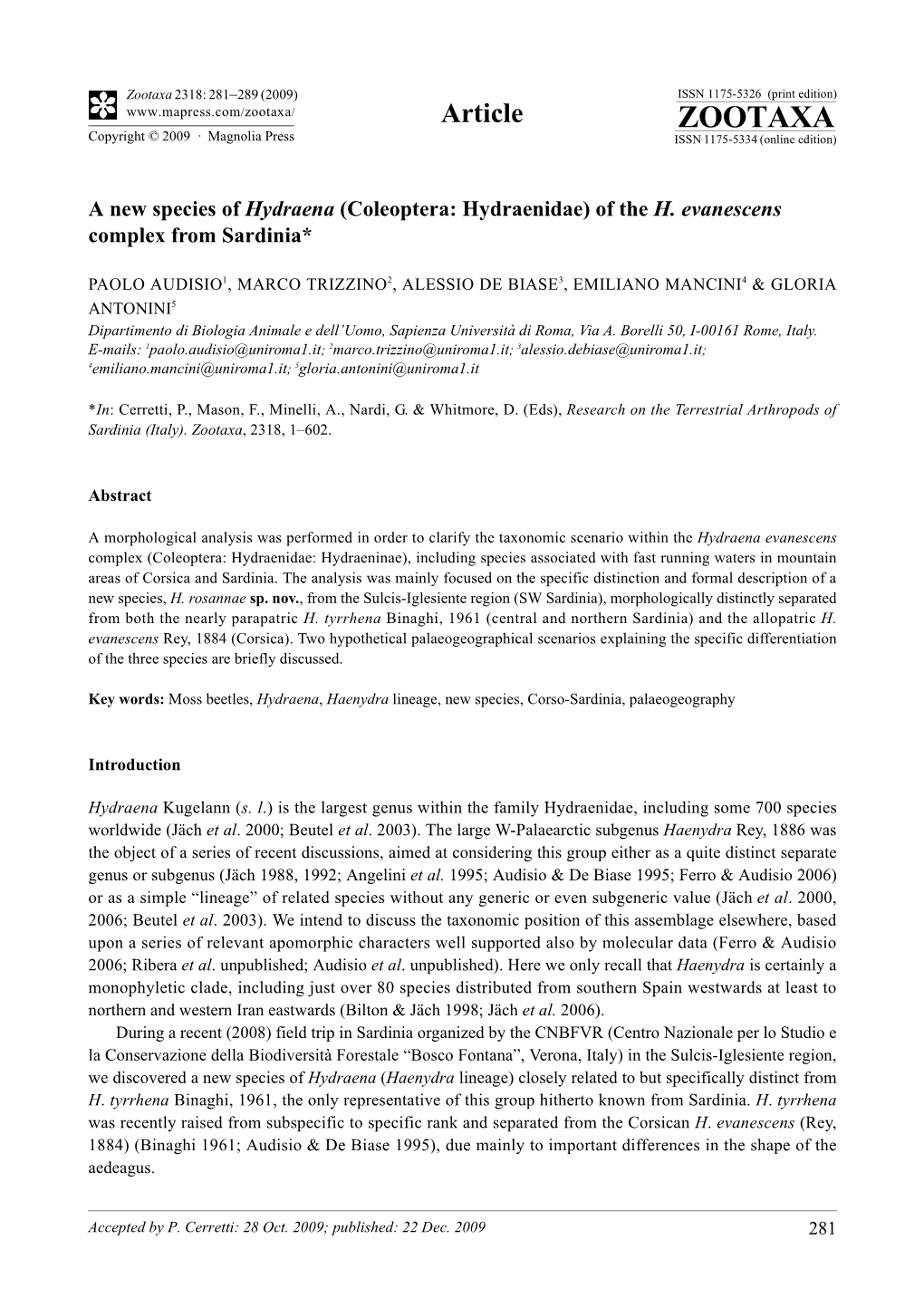 Zootaxa, a New Species of Hydraena (Coleoptera