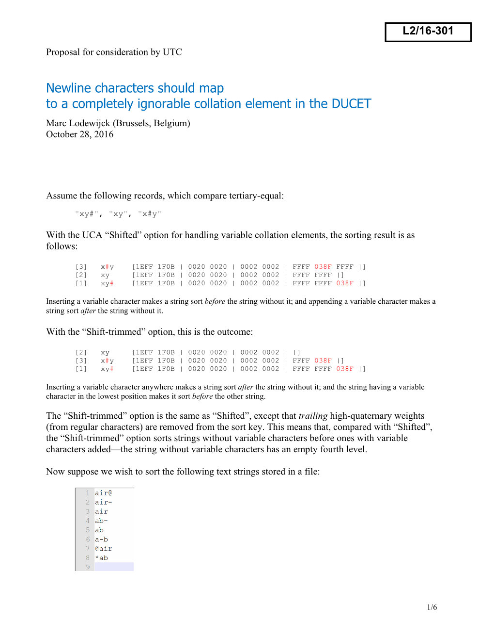 Newline Characters Should Map to a Completely Ignorable Collation Element in the DUCET Marc Lodewijck (Brussels, Belgium) October 28, 2016