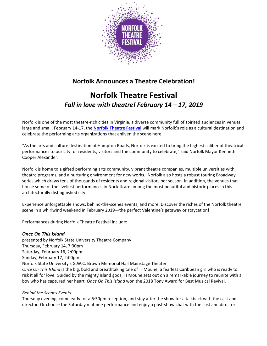 Norfolk Theatre Festival Fall in Love with Theatre! February 14 – 17, 2019