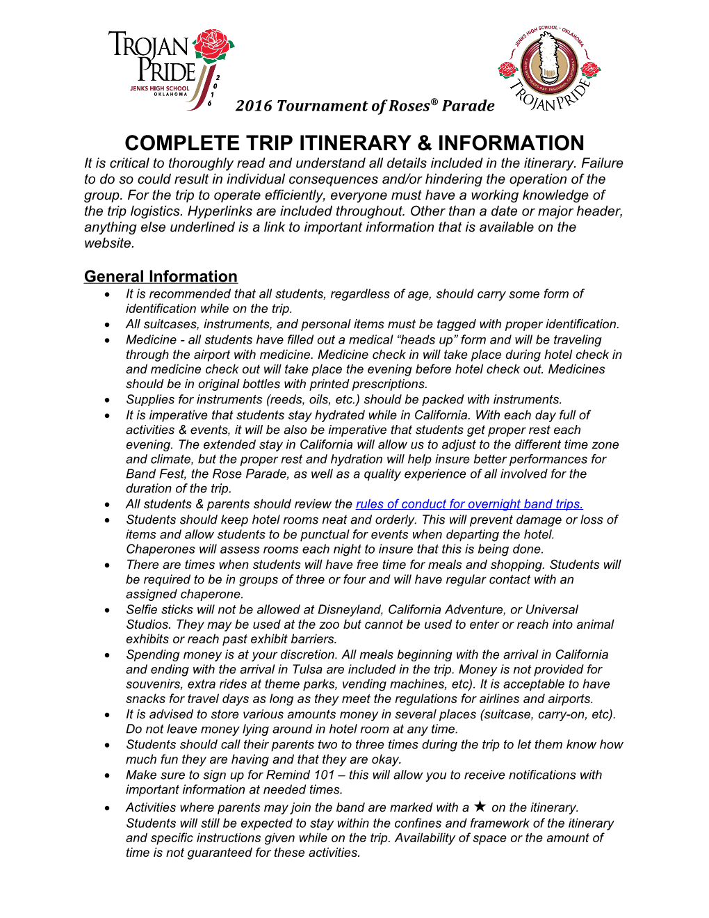 Complete Trip Itinerary & Information