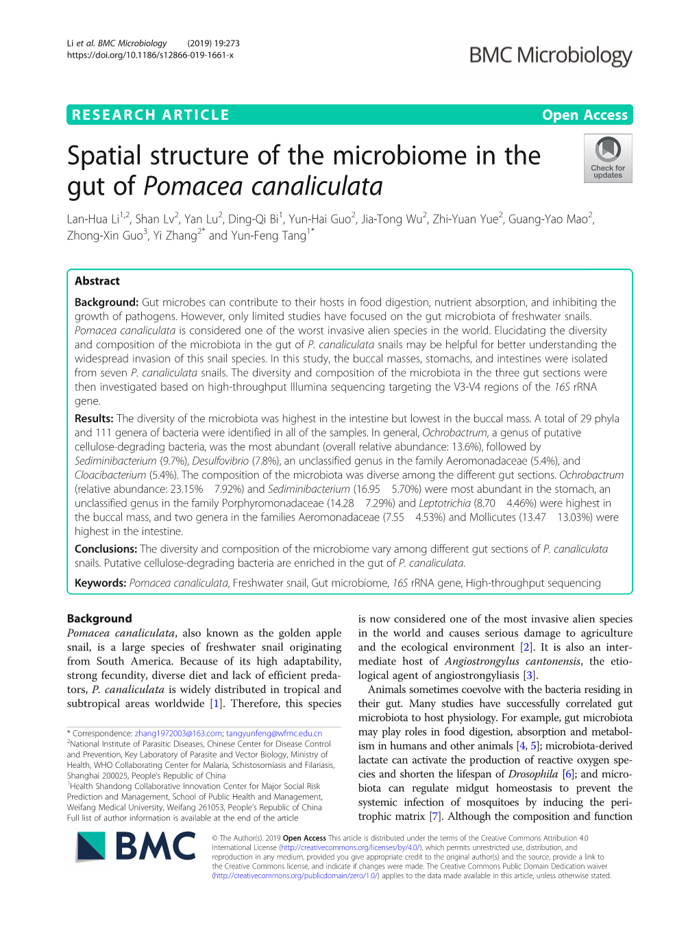 Spatial Structure of the Microbiome in the Gut of Pomacea Canaliculata