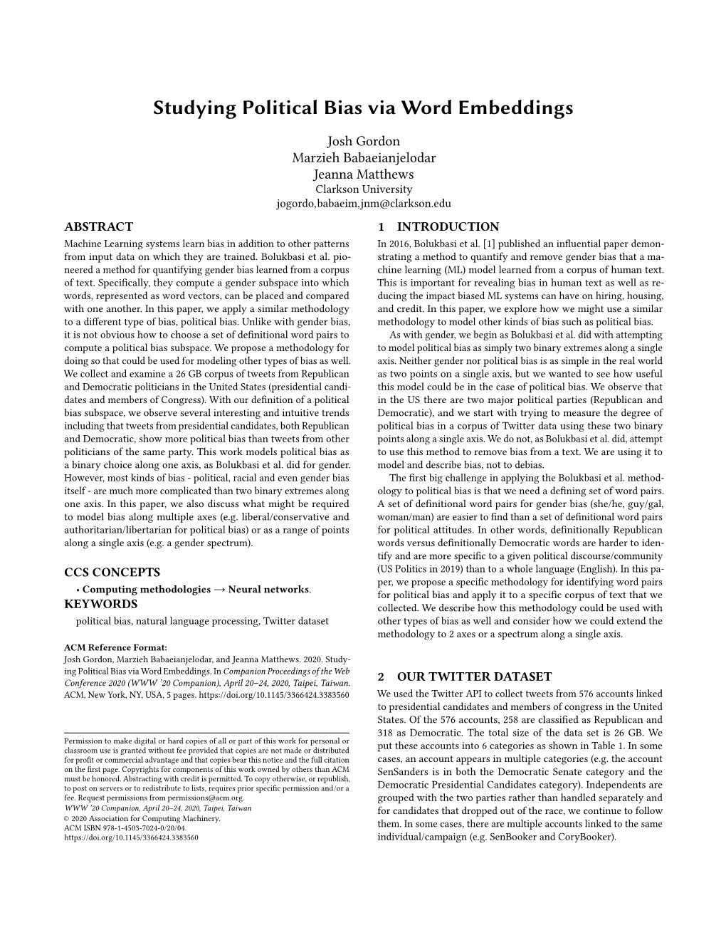 Studying Political Bias Via Word Embeddings