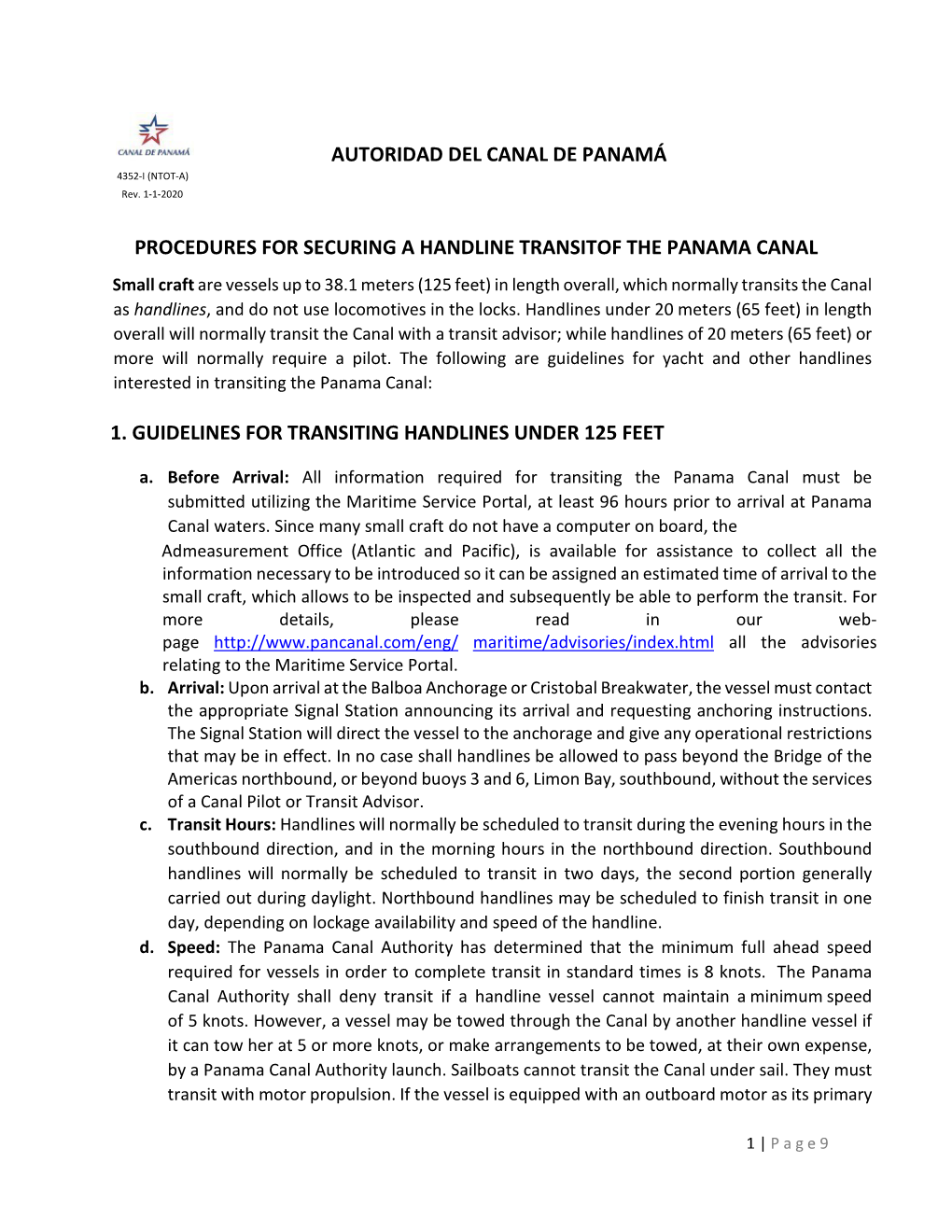 Procedures for Securing a Handline Transitof the Panama Canal