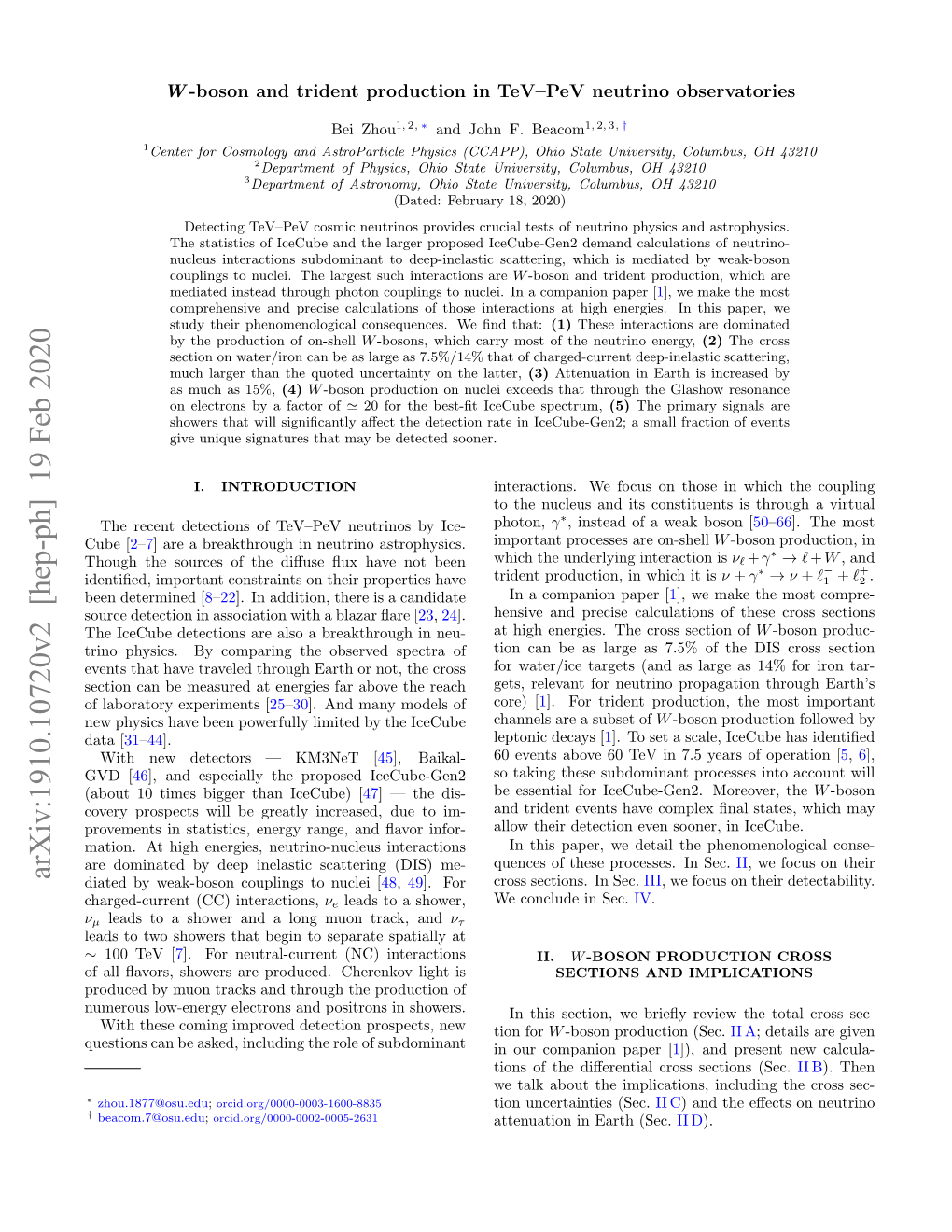 W-Boson and Trident Production in Tev--Pev Neutrino Observatories