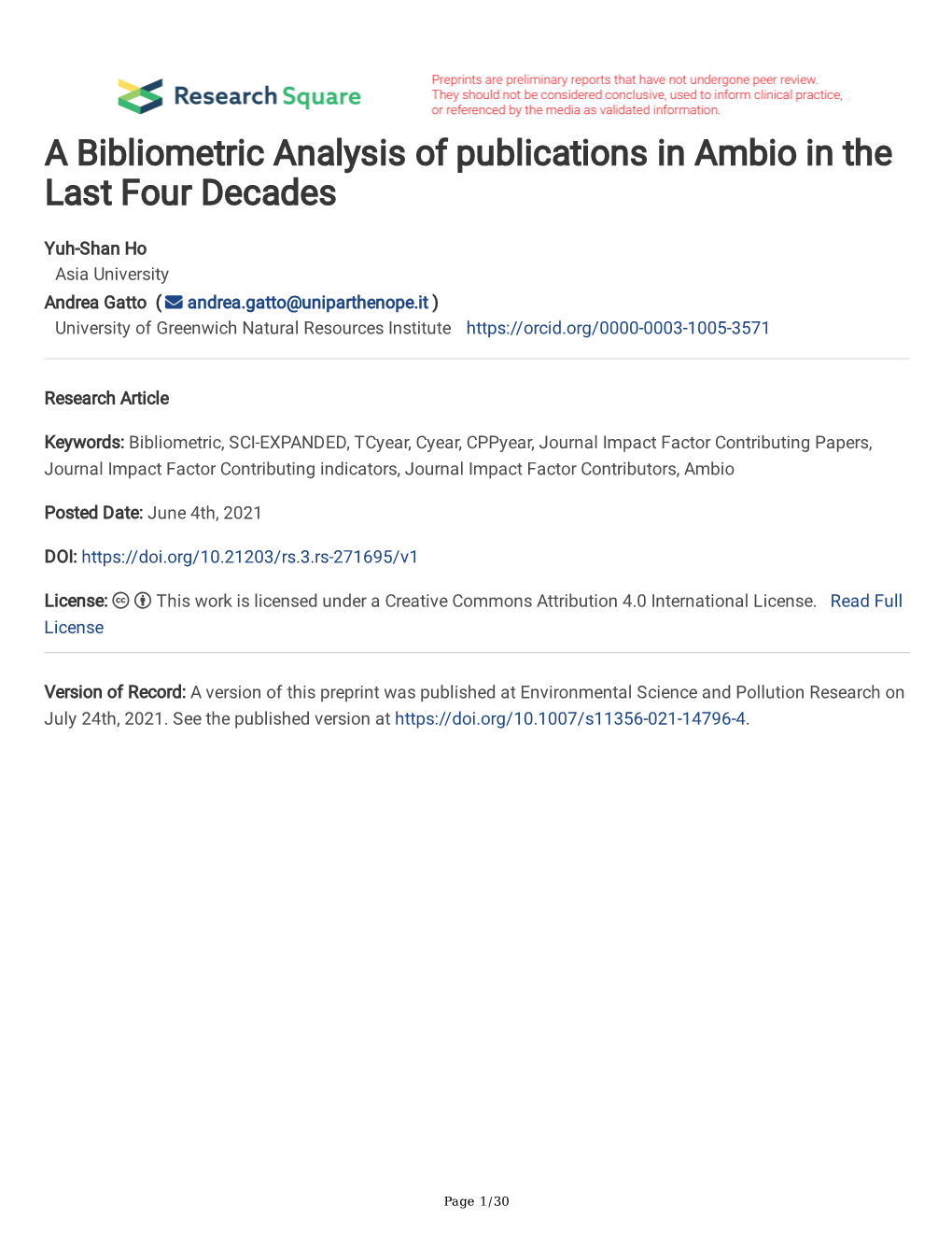 A Bibliometric Analysis of Publications in Ambio in the Last Four Decades