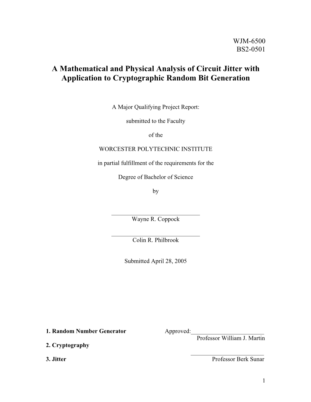 A Mathematical and Physical Analysis of Circuit Jitter with Application to Cryptographic Random Bit Generation