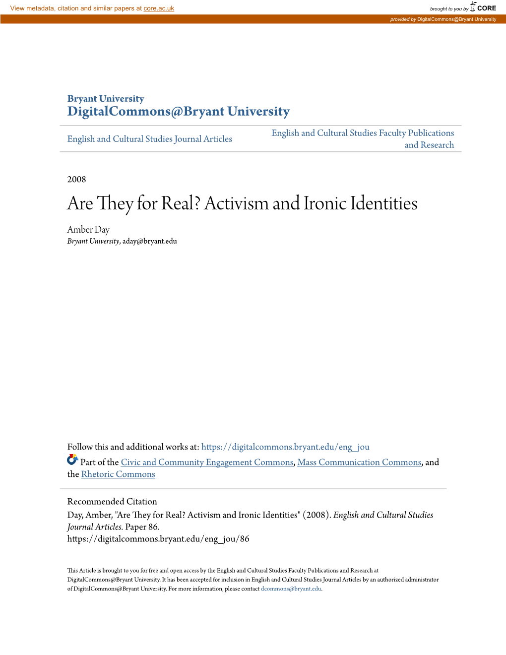 Activism and Ironic Identities Amber Day Bryant University, Aday@Bryant.Edu