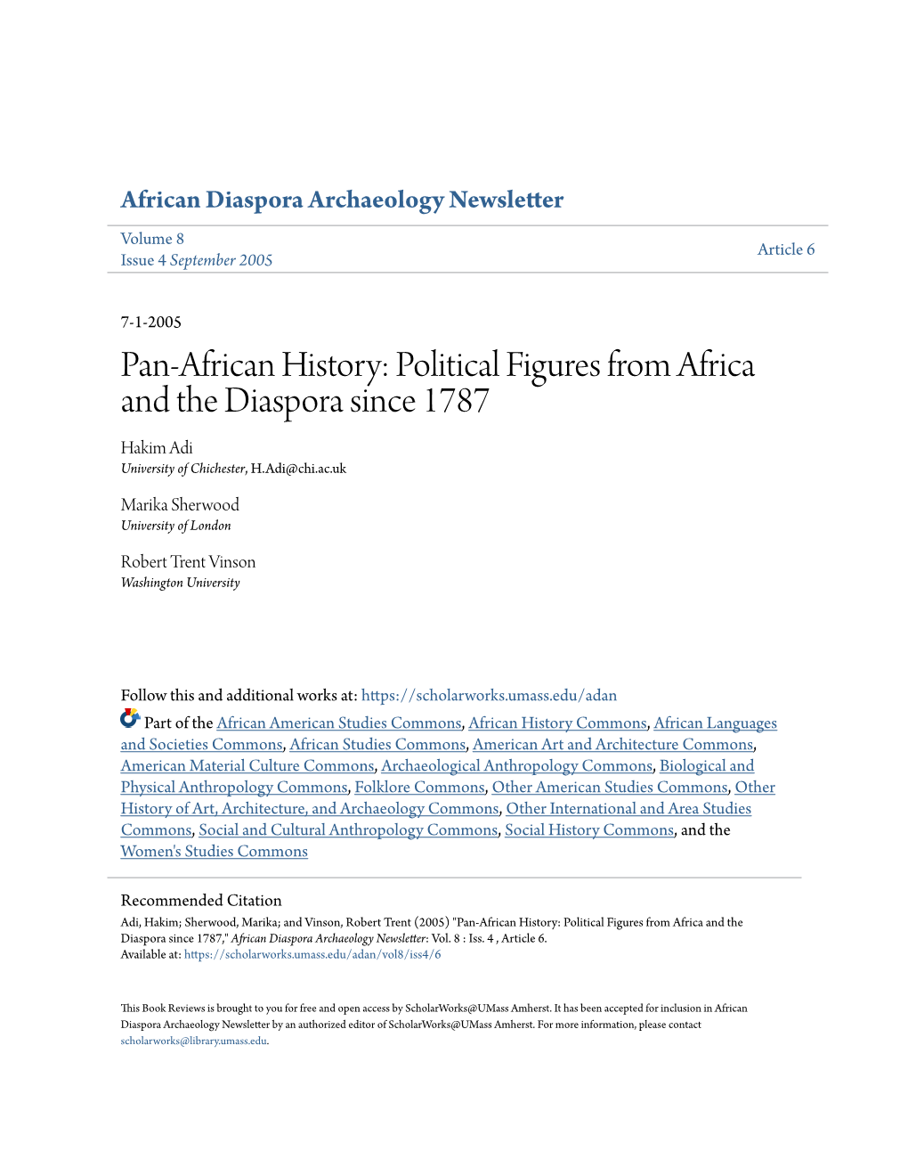 Pan-African History: Political Figures from Africa and the Diaspora Since 1787 Hakim Adi University of Chichester, H.Adi@Chi.Ac.Uk