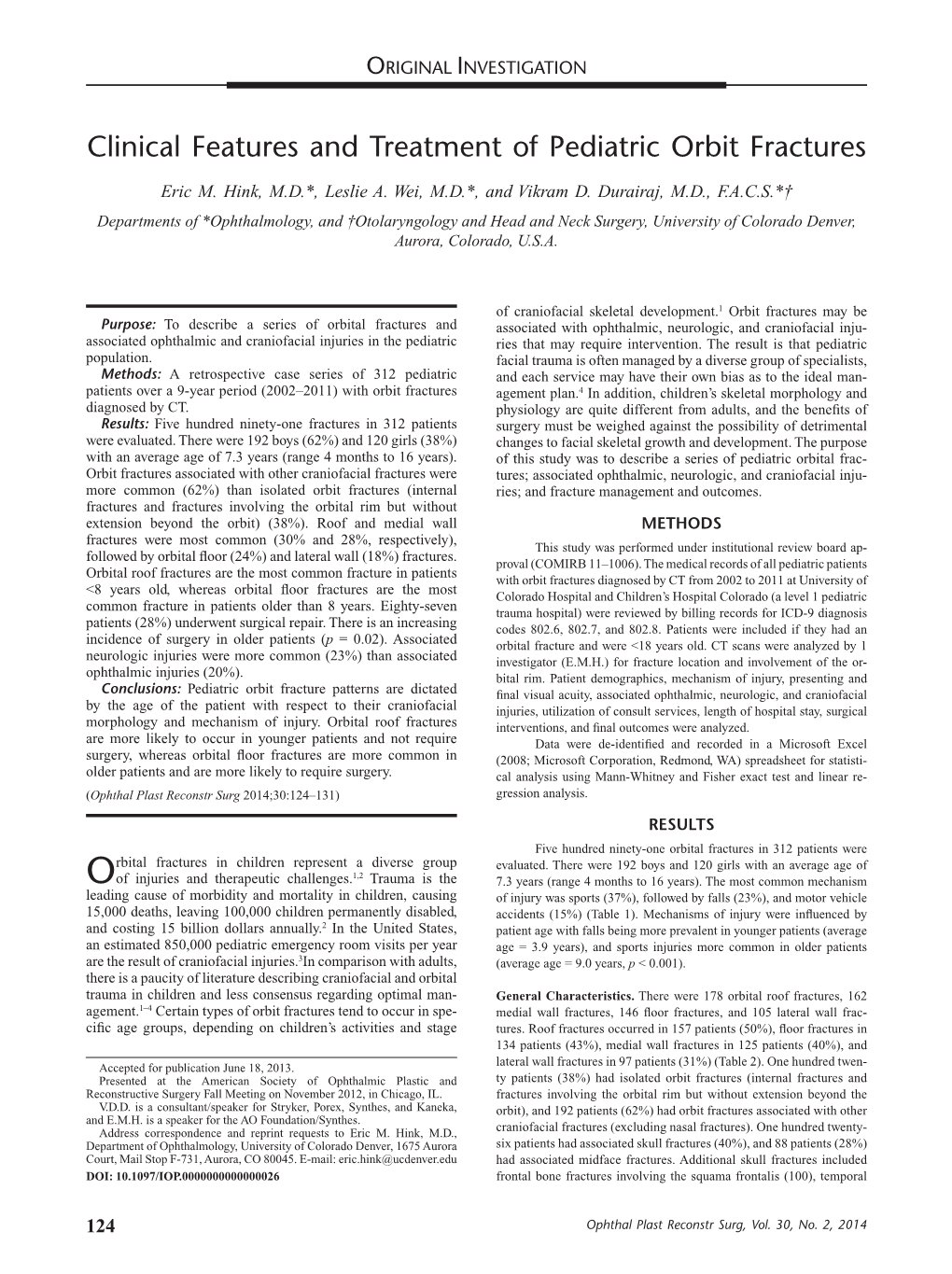 Clinical Features and Treatment of Pediatric Orbit Fractures