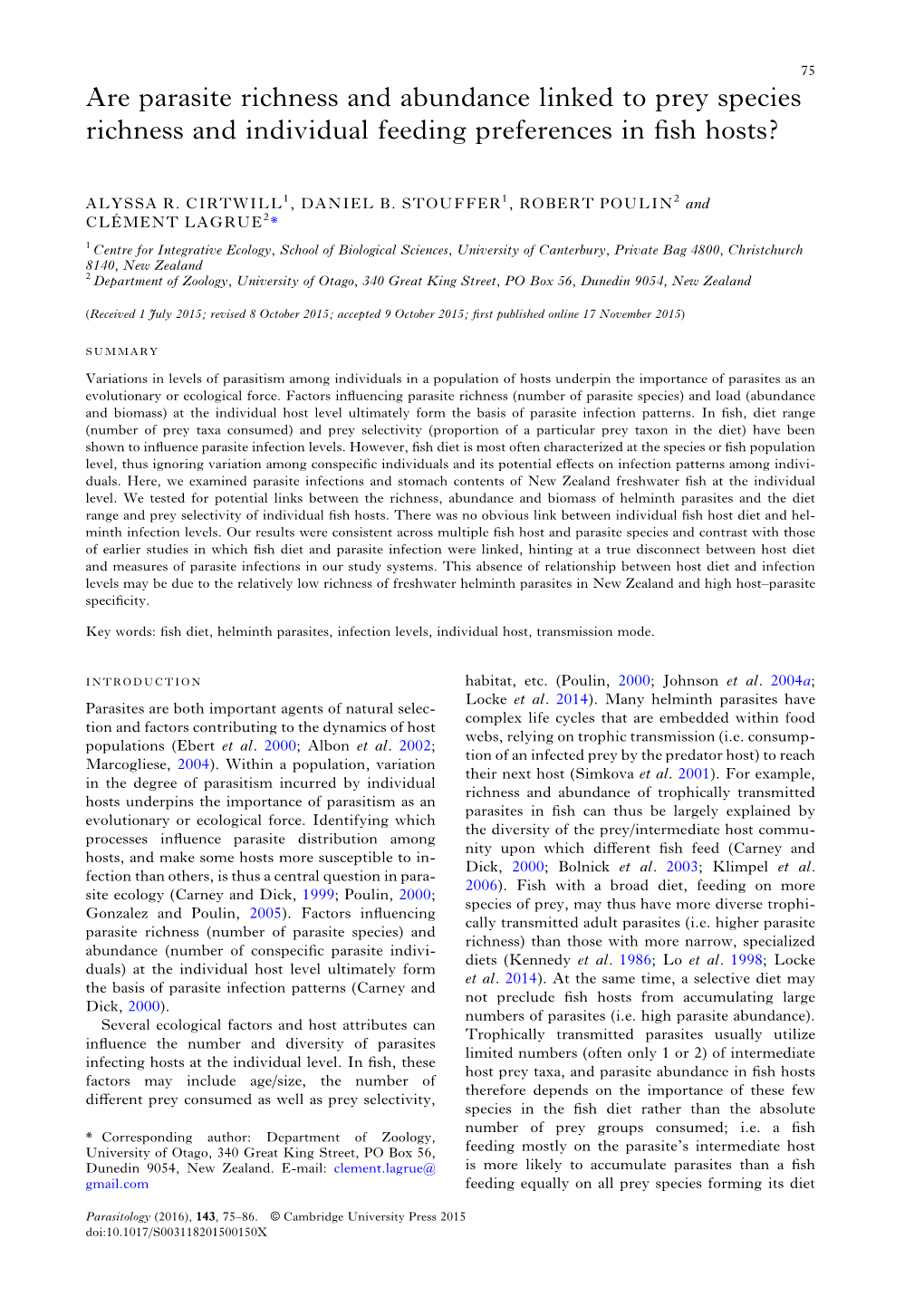 Are Parasite Richness and Abundance Linked to Prey Species Richness and Individual Feeding Preferences in ﬁsh Hosts?