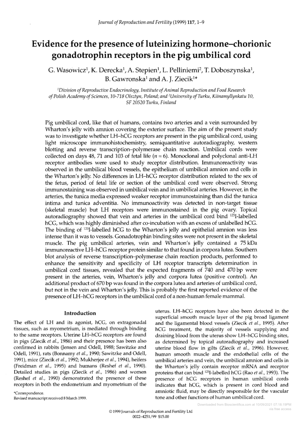 Gonadotrophin Receptors in the Pig Umbilical Cord G